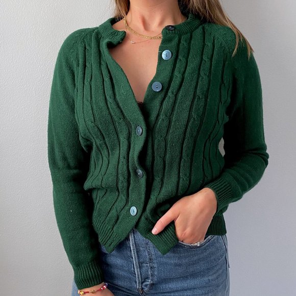 Vintage Sweaters - 70s Green Cable Knit  Cardigan Sweater
